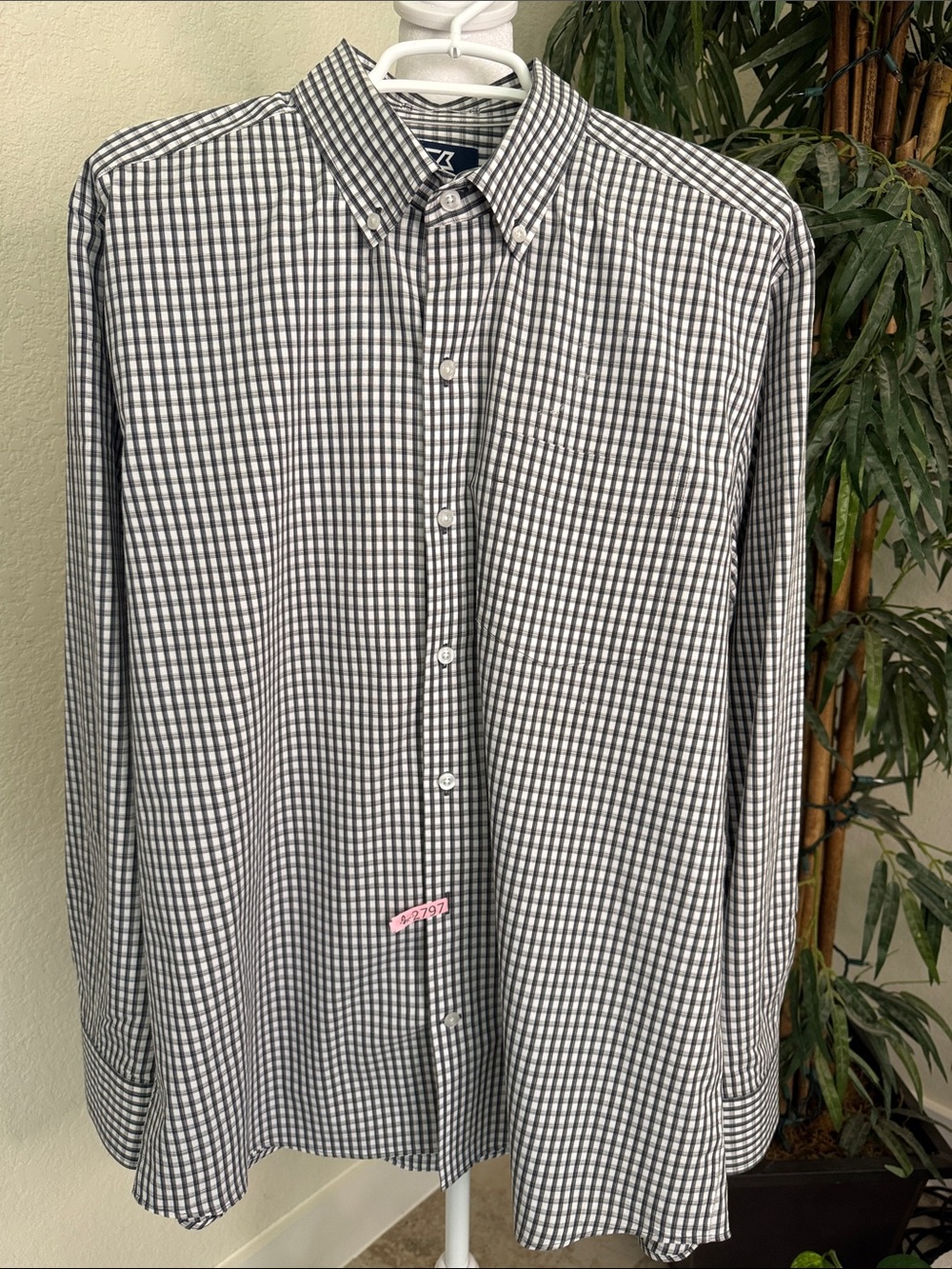 Cutter & Buck Black, Gray & White Checkered Button-Down Shirt, Men's Size L